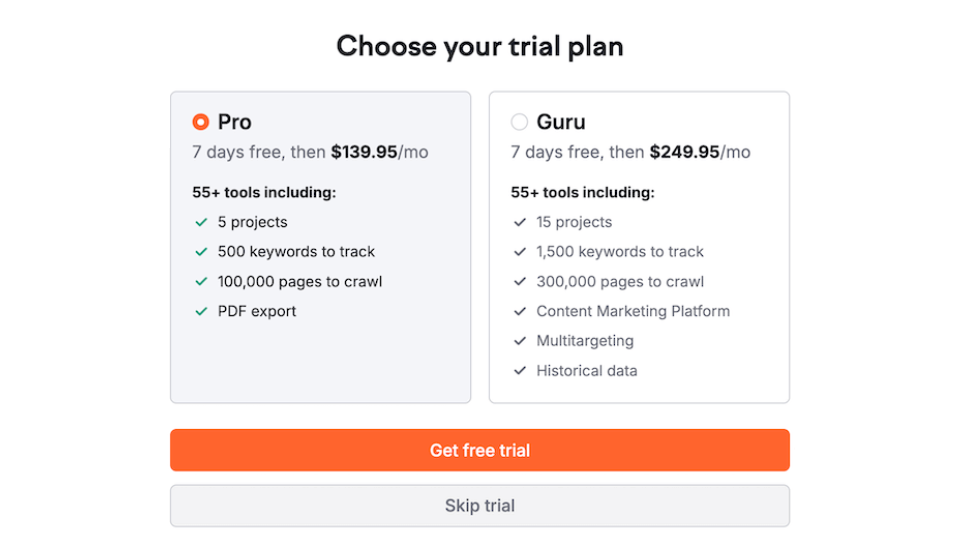 Choose your SEmrush Plan for pro and guru