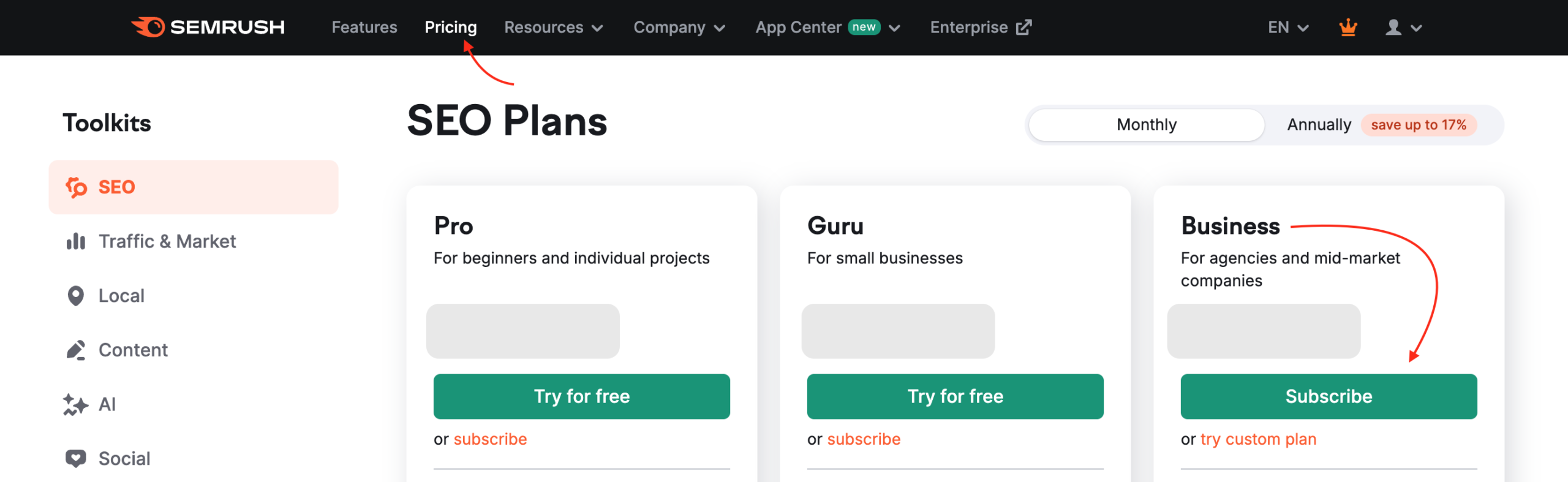 semrush Upgrade to SEO Business plan